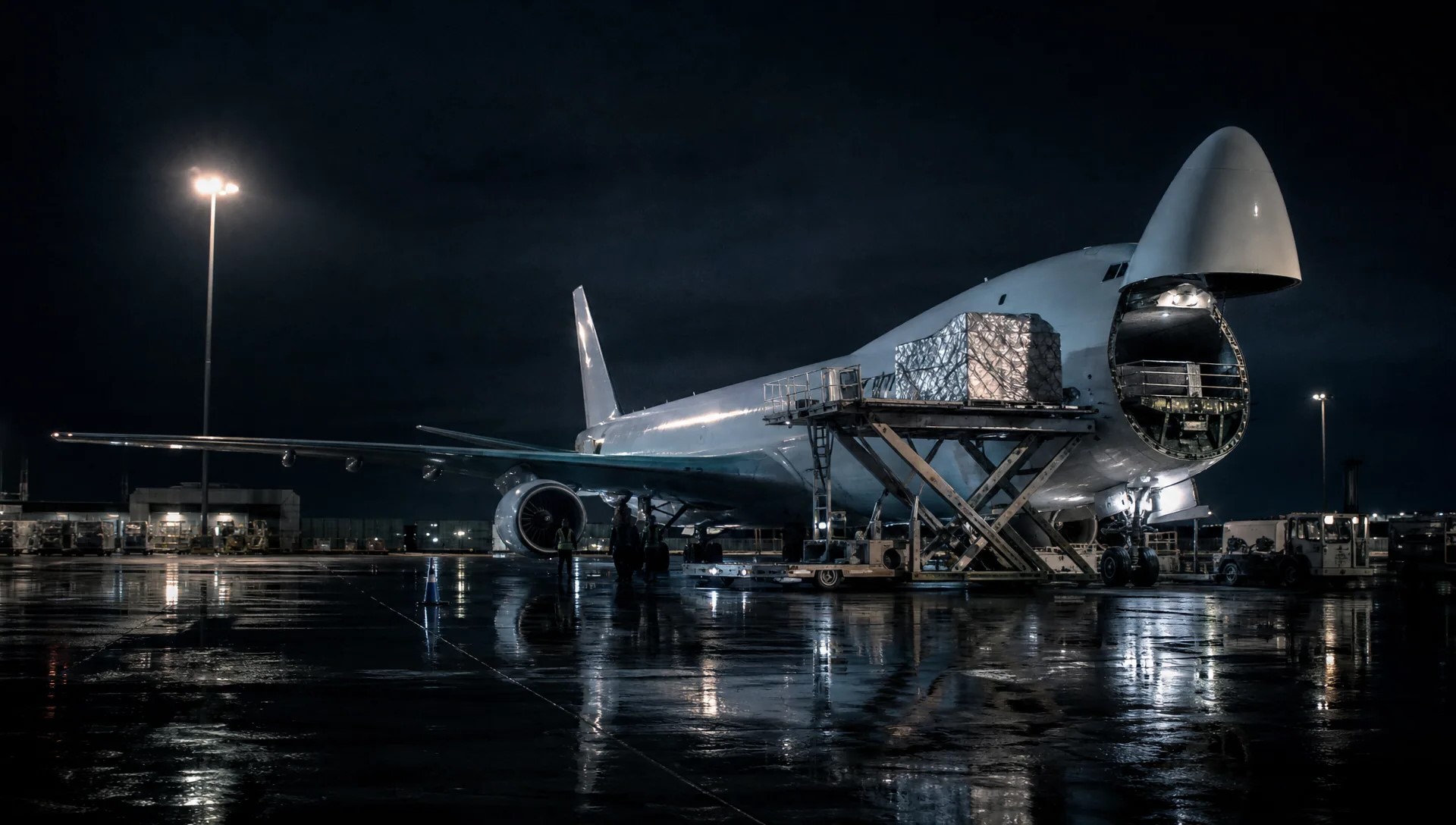 Cargo aircraft being loaded at a freight terminal