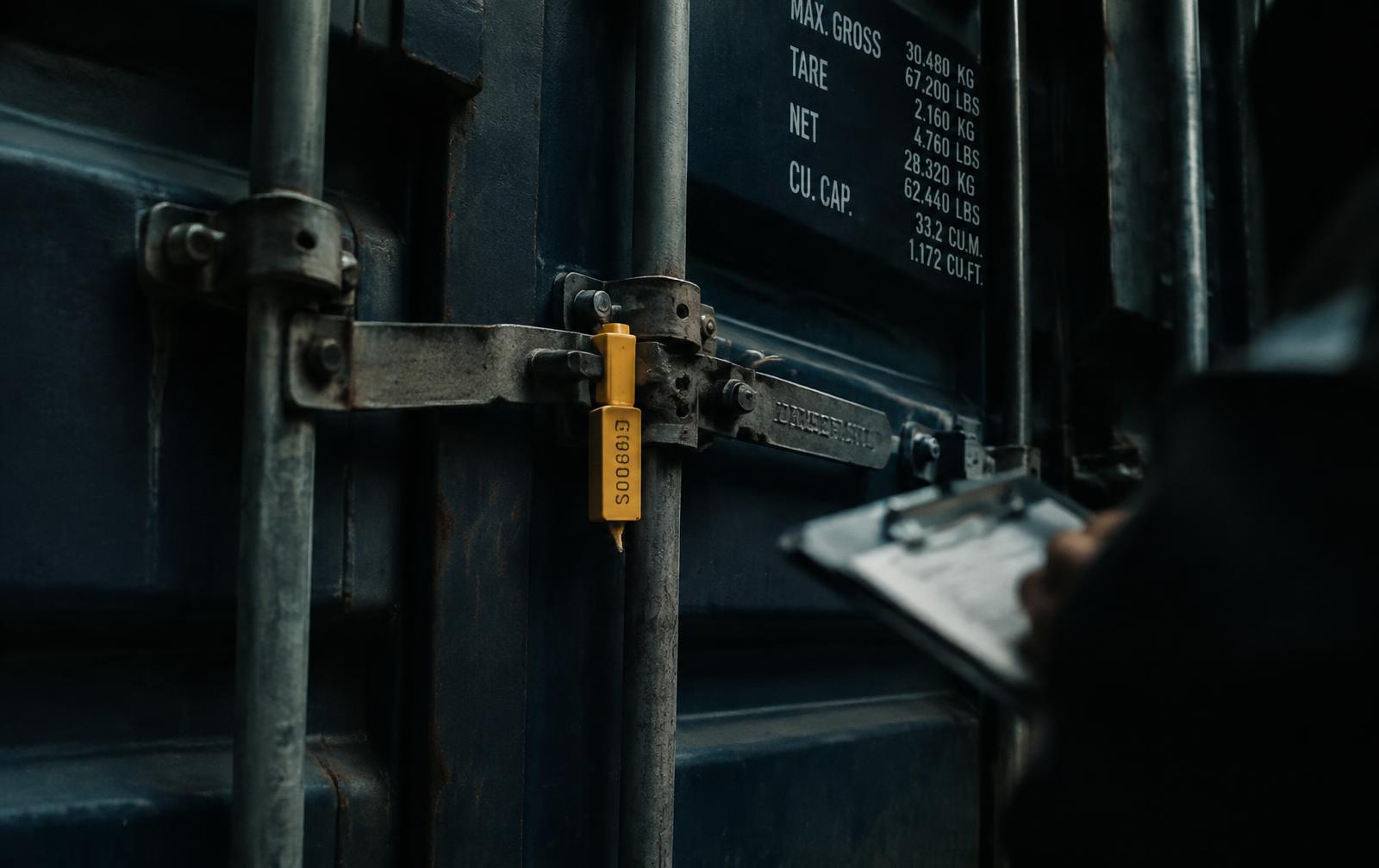 Sealed container door with a security seal and inspection clipboard