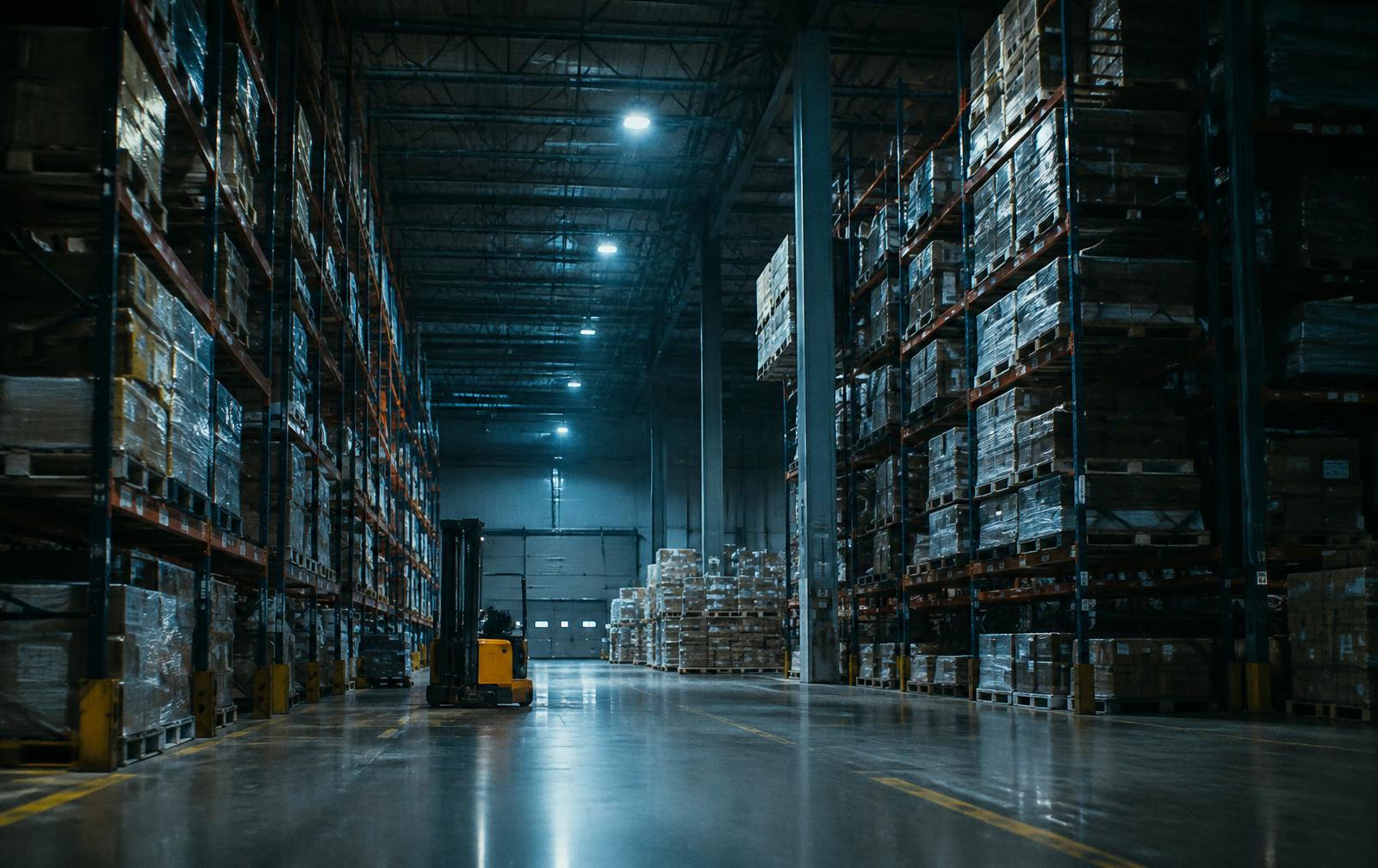 Warehouse aisle with high racking and a forklift