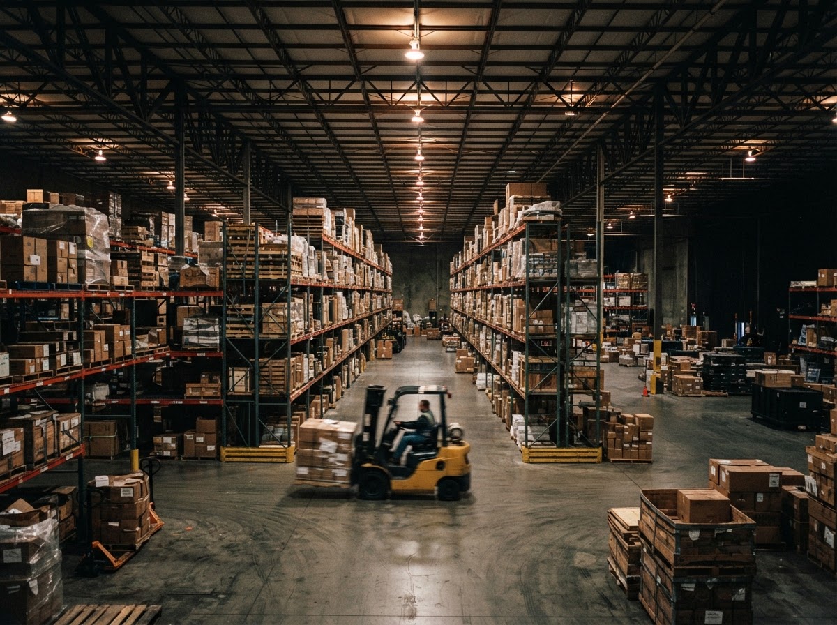 Warehouse interior with racking and stored pallets